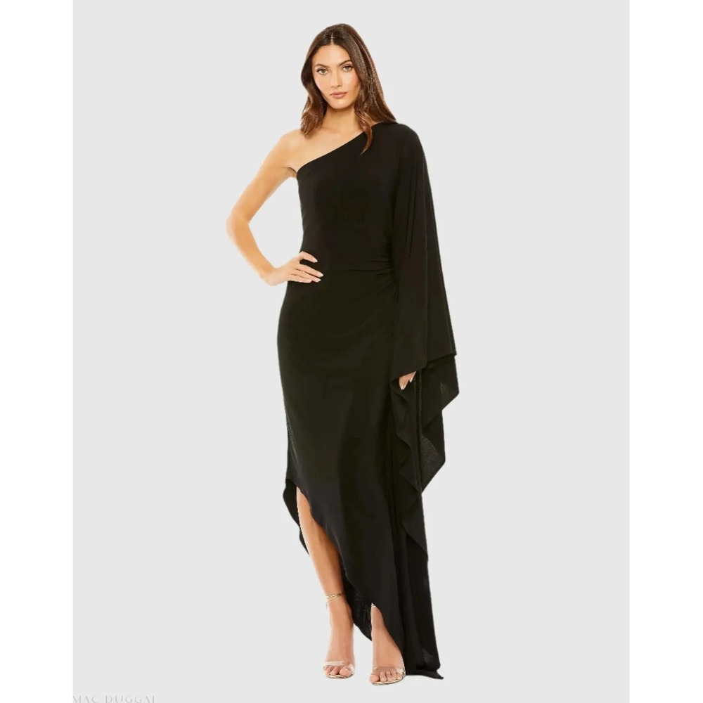 NWT IEENA for Mac Duggal 20673 Ruched Detail Jersey Gown S Black One Shoulder